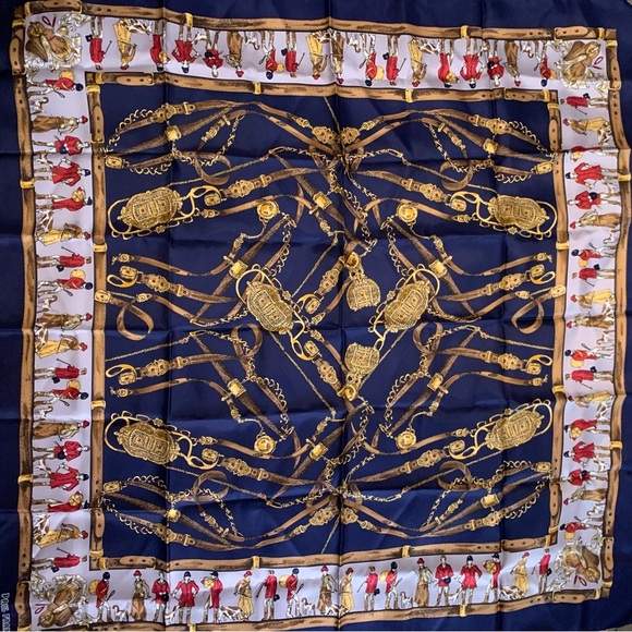 Paul France Navy and Gold Equestrian Print Scarf silk brandnew - Picture 3 of 9